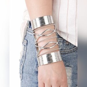 Silver Statement Cuff Bracelet | Wide Open Arm Cuff | Layered Chain Detail | Boh
